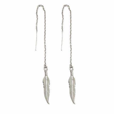 Boho Feather Threader Earrings Silver